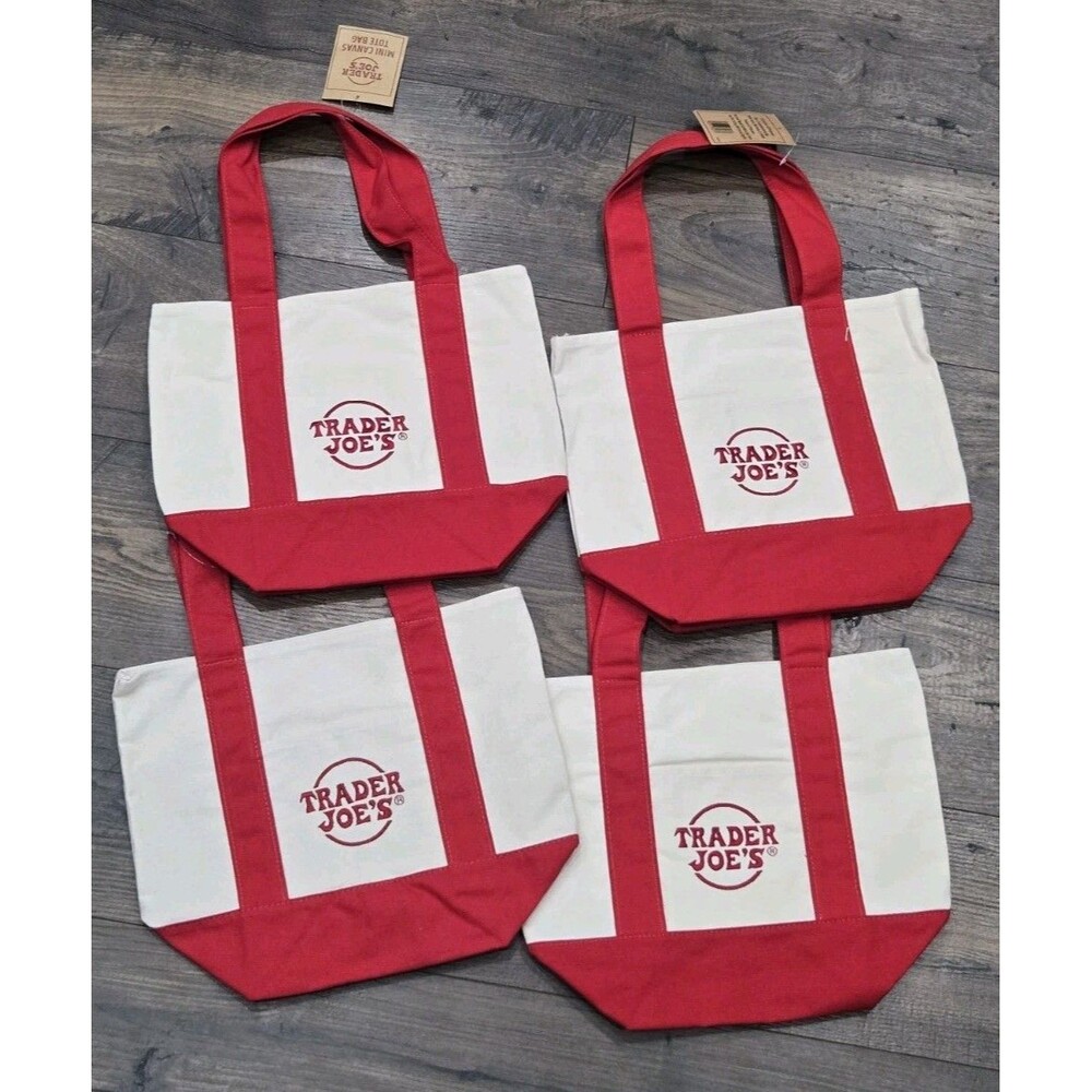Trader Joe's Mini Canvas Tote Bag Set of 4 Red Bags NEW